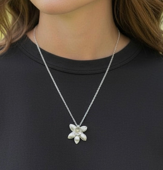 Artisan Hancrafted sustainable Bespoke Fine Silver Orchard pendant with silver plated chain handmade gift idea for valentines day, birthday anniversary, graduation