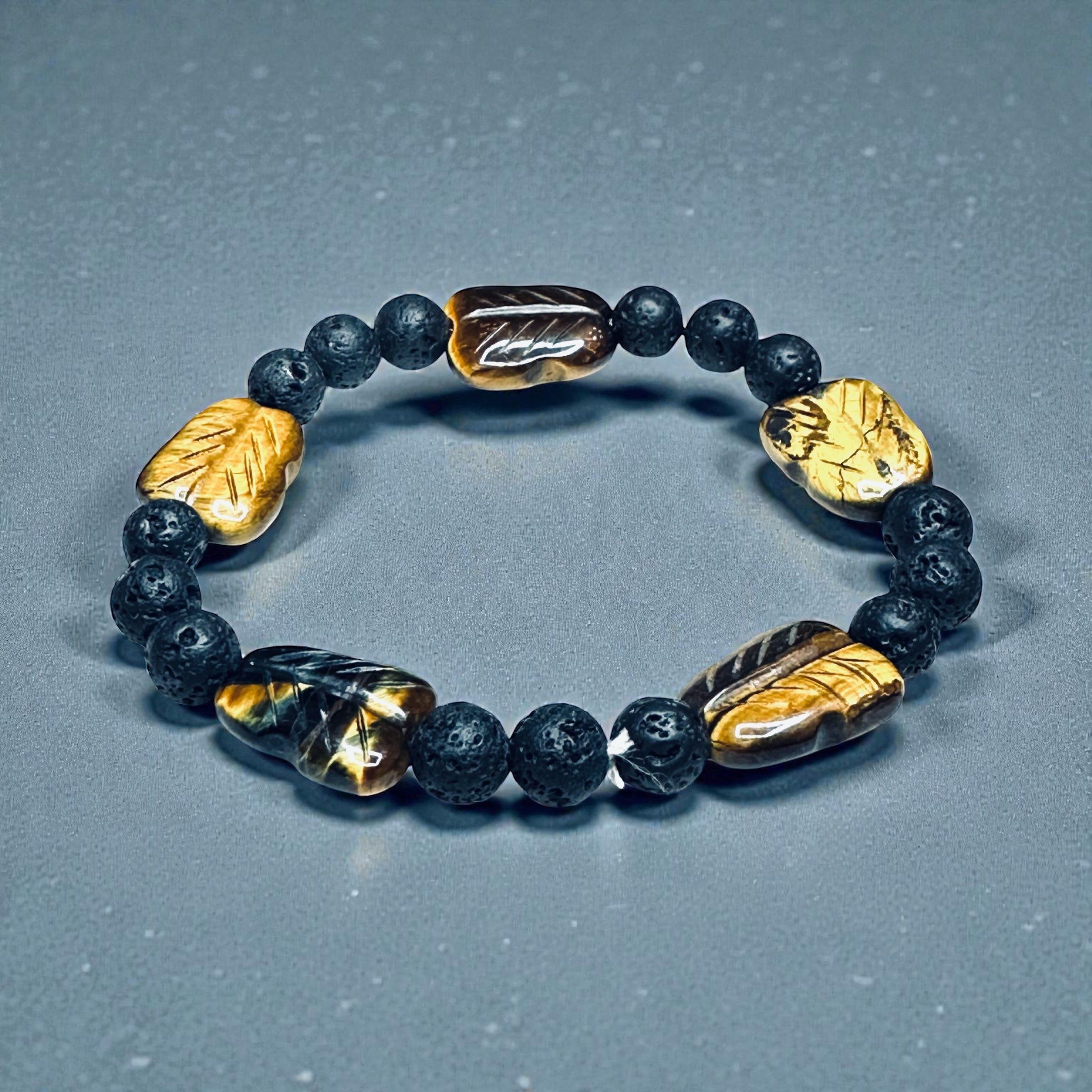 Men’s Golden Tiger’s Eye Gemstone and Lava Rock Beads Stretch Bracelet Valentines Day, Father’s Day, Anniversary, Birthday Gift Idea