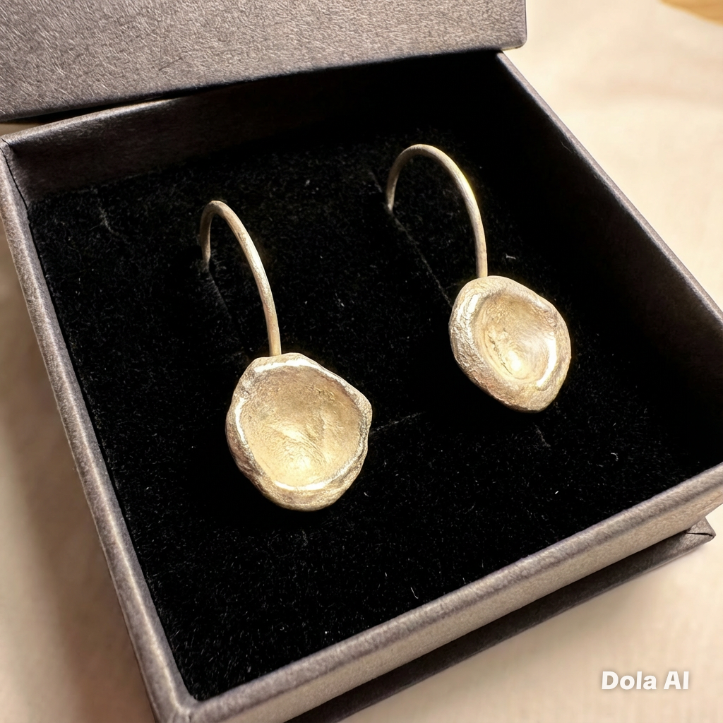 Artisan Hancrafted sustainable Bespoke recycled Fine silver concave disc shaped elongated ear wire dangle earrings Valentines birthday Mother’s Day anniversary gift idea