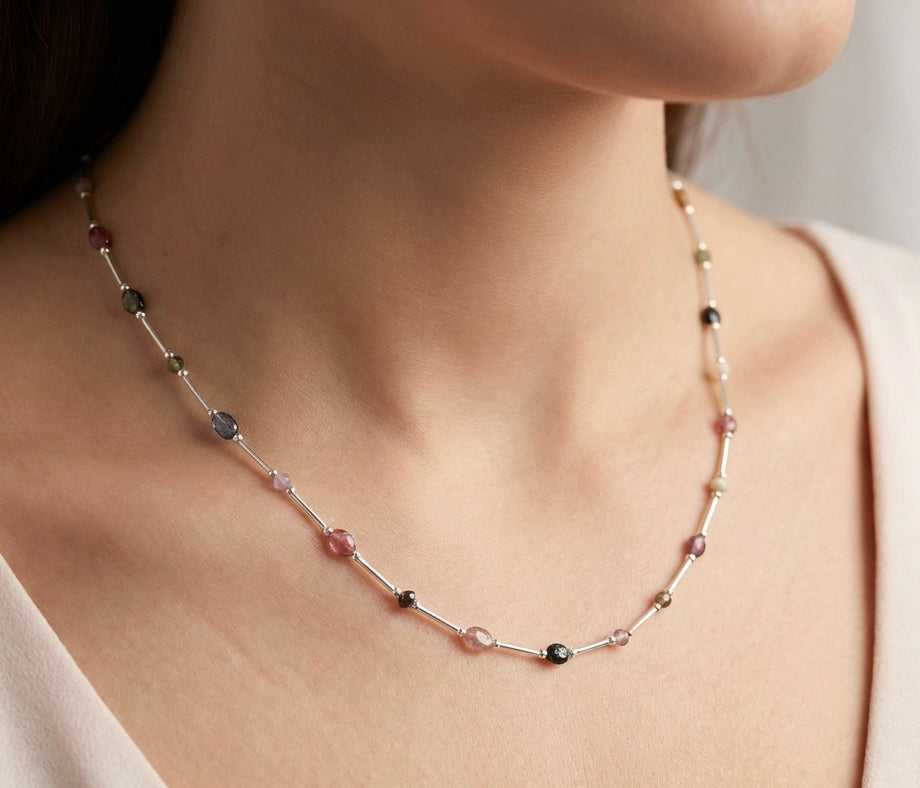 Artisan Handcrafted Limited Edition Multi Colour Tourmaline Gemstone Sterling Silver  Necklace Valentine's Day, Birthday, Anniversary, Mother's Day Special Occasion gift idea