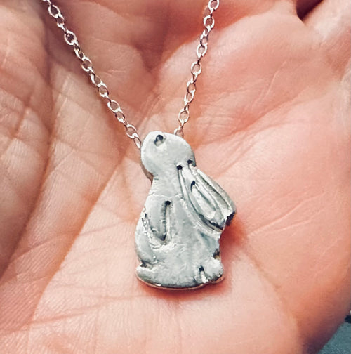 Artisan Hancrafted sustainable Bespoke  recycled unique Fine Silver Bunny Pendant with sterling silver Chain, handmade item gift idea for Valentines, Birthday and Anniversary