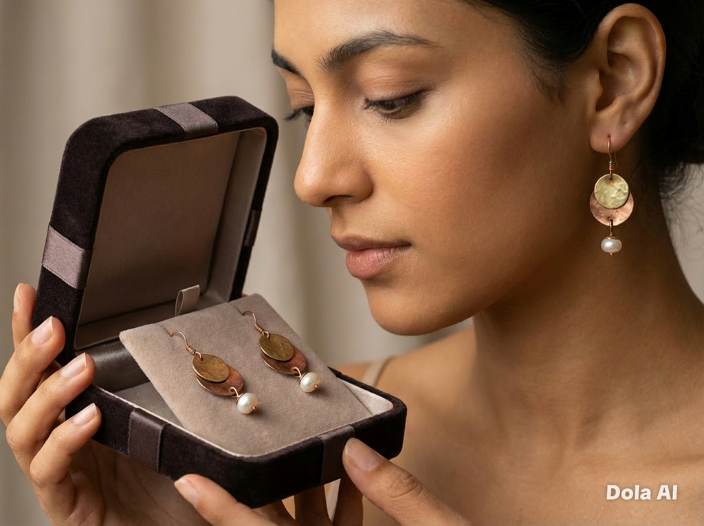 Artisan Hancrafted sustainable Bespoke recycled Copper, Brass and pearls disc dangle earrings Valentines birthdays anniversary Mother’s Daypresent