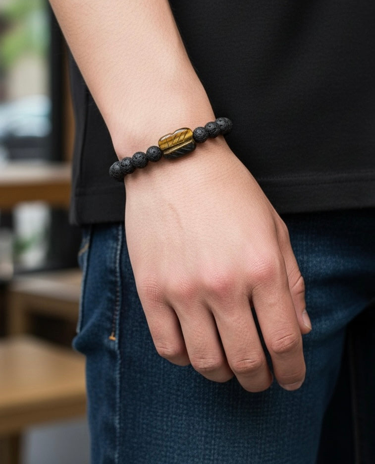 Men’s Golden Tiger’s Eye Gemstone and Lava Rock Beads Stretch Bracelet Valentines Day, Father’s Day, Anniversary, Birthday Gift Idea