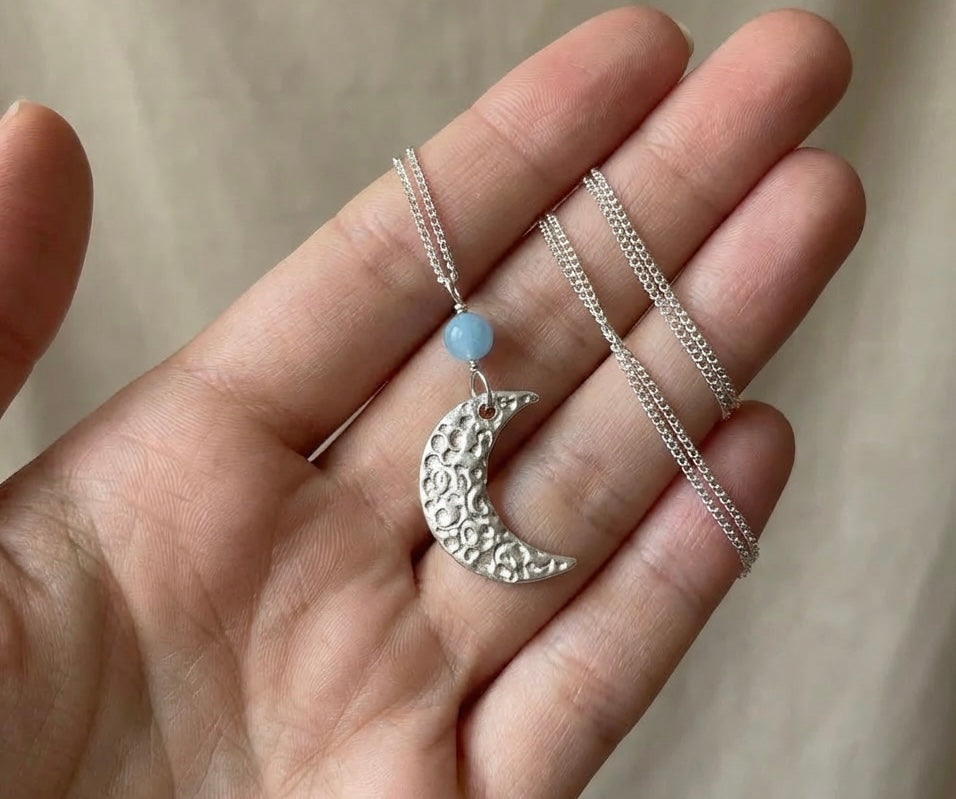 Artisan Handcrafted Sterling silver half-moon pendant with small Amazonite bead suspended on silver plated chain Valentiens Day gift, Birthday Gift, Mothers day gift, Anniversary gift idea