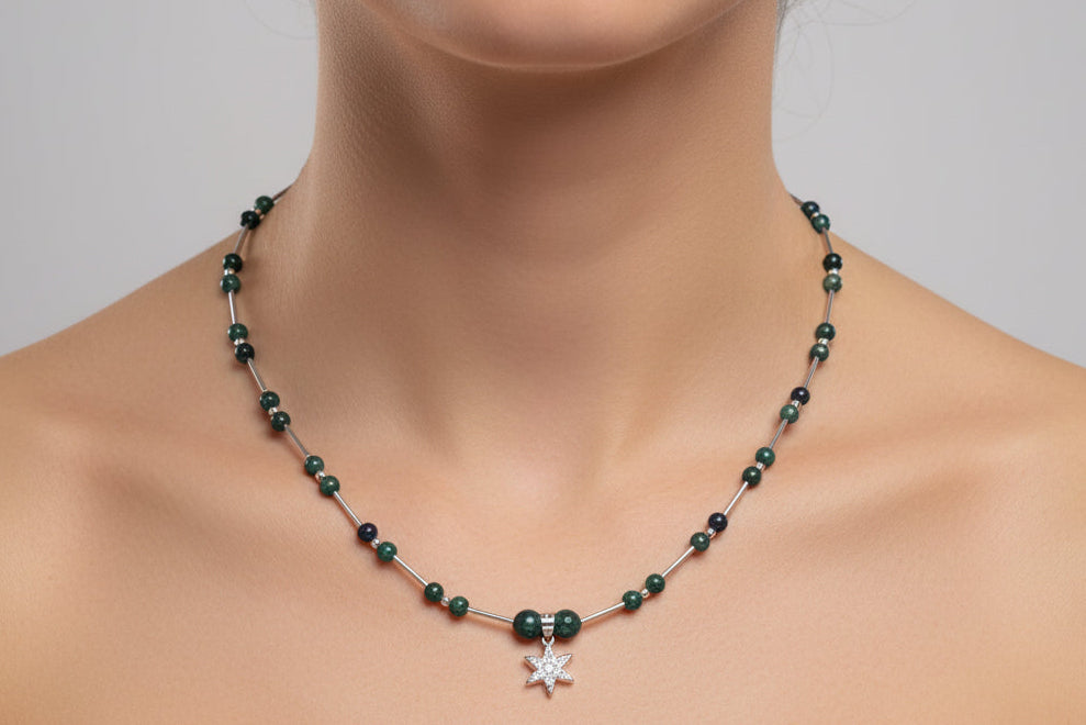 Artisan Handcrafted Limited Edition Chrysocolla Natural GemstoneSterlingl Silver Necklace With Silver Star Pendant Valentine's Day, Birthday, Anniversary, Mother's Day Special Occasion gift idea
