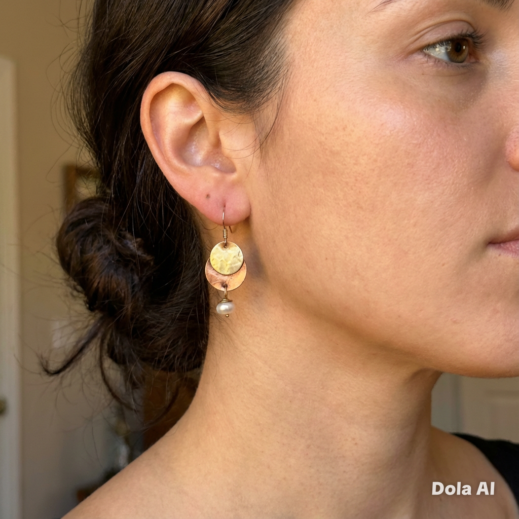 Artisan Hancrafted sustainable Bespoke recycled Copper, Brass and pearls disc dangle earrings Valentines birthdays anniversary Mother’s Daypresent