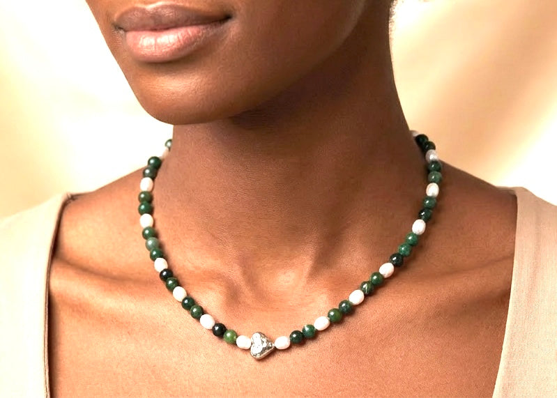 Artisan handcrafted Green Jade Gemstones, natural Pearls with a Sterling Silver Puffed Heart Necklace Valentines Birthday Mother’s Anniversary gift idea