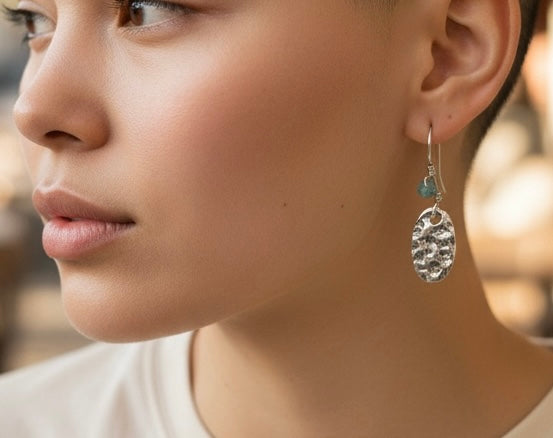 Artisan Hancrafted sustainable Bespoke recycled Sterling Silver textured with wire wrapped tiny Amazonite gemstones bead earrings Valentines day birthday anniversary Mother’s Day present