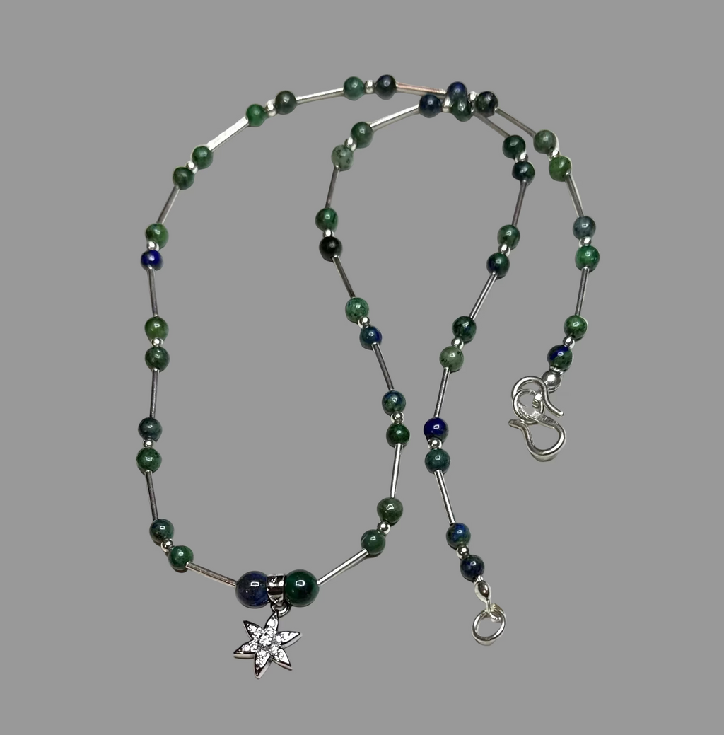 Artisan Handcrafted Limited Edition Chrysocolla Natural GemstoneSterlingl Silver Necklace With Silver Star Pendant Valentine's Day, Birthday, Anniversary, Mother's Day Special Occasion gift idea