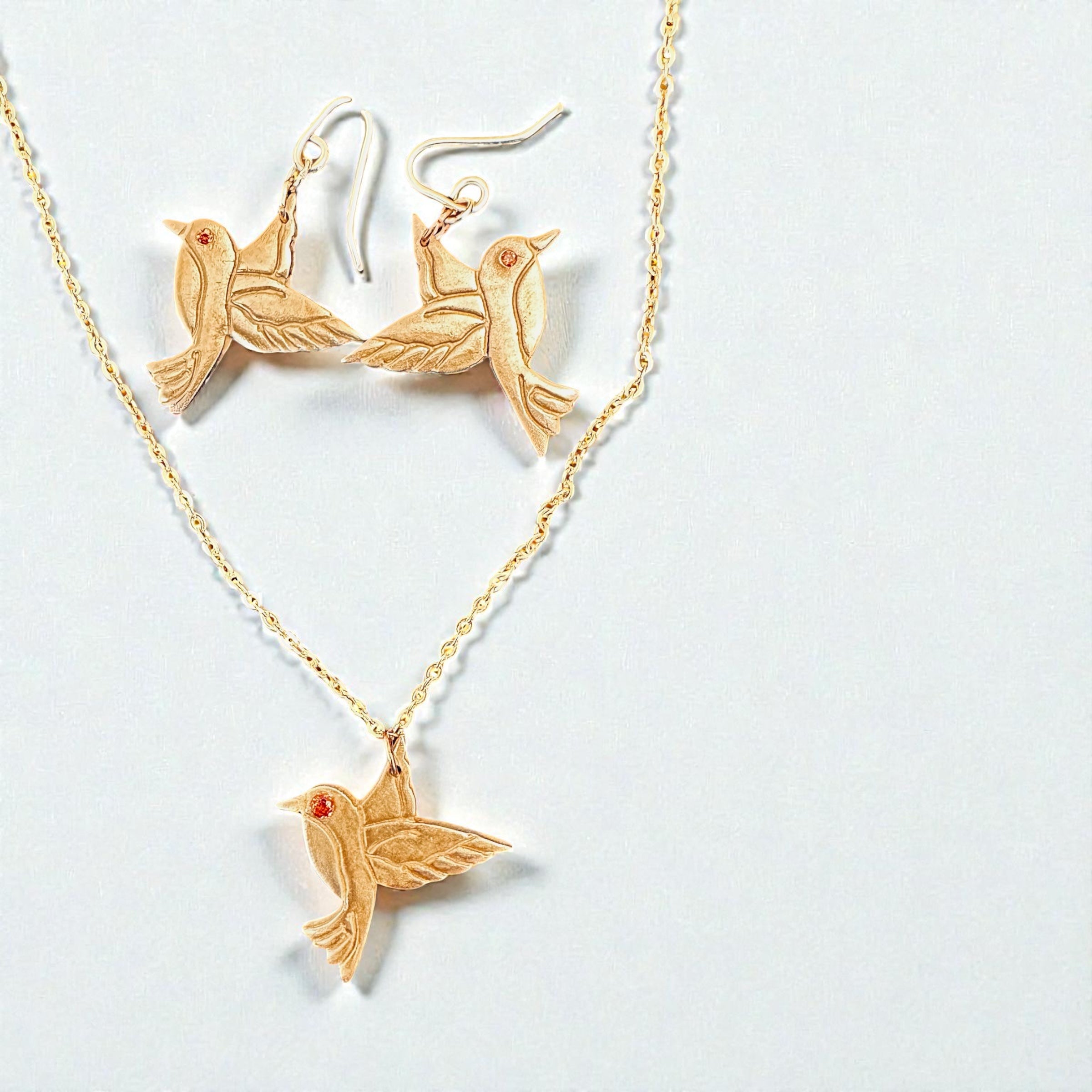 Artisan Hancrafted sustainable Bespoke set of Bronze Hummingbird Earrings and Pendant Valentine’s Day gift birthday gift Anniversary and Mother’s Day gift idea