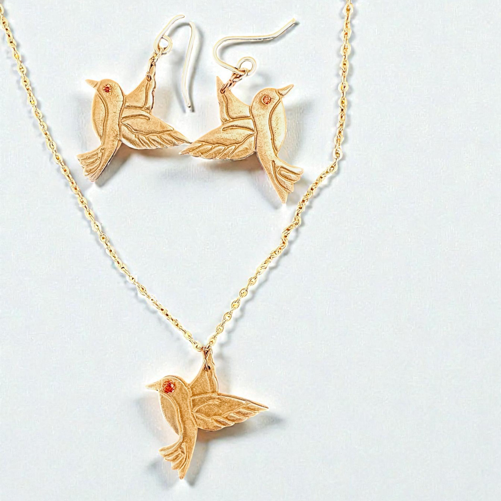 Artisan Hancrafted sustainable Bespoke set of Bronze Hummingbird Earrings and Pendant Valentine’s Day gift birthday gift Anniversary and Mother’s Day gift idea