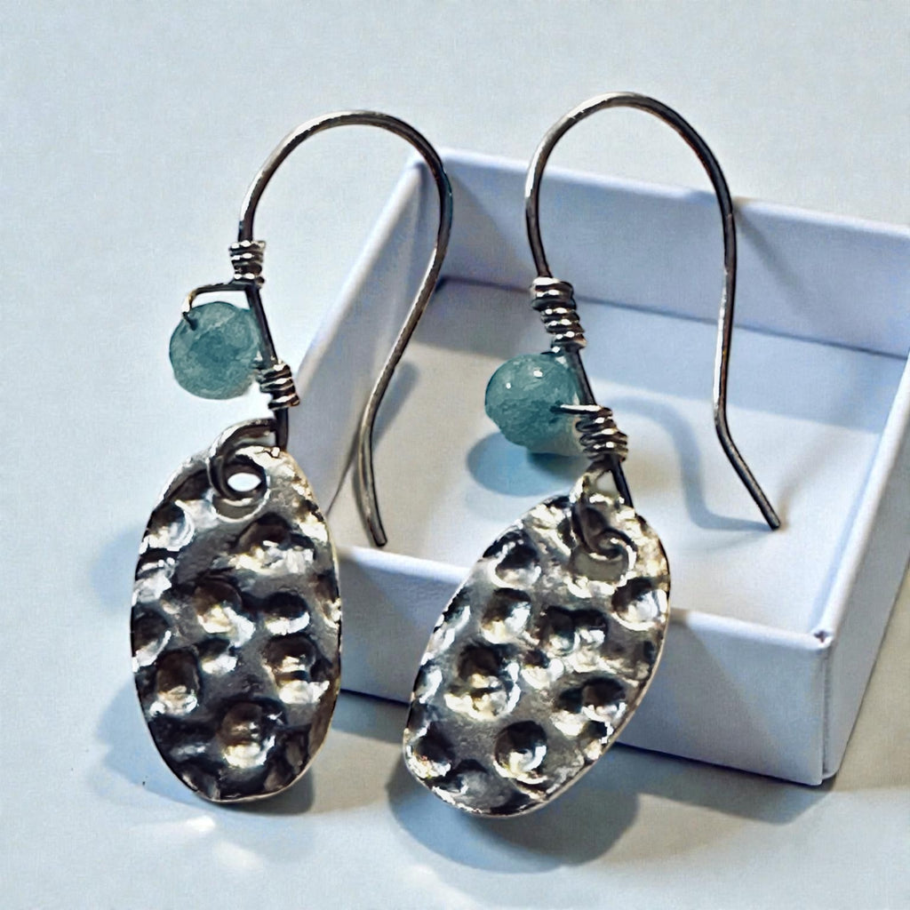 Artisan Hancrafted sustainable Bespoke recycled Sterling Silver textured with wire wrapped tiny Amazonite gemstones bead earrings Valentines day birthday anniversary Mother’s Day present