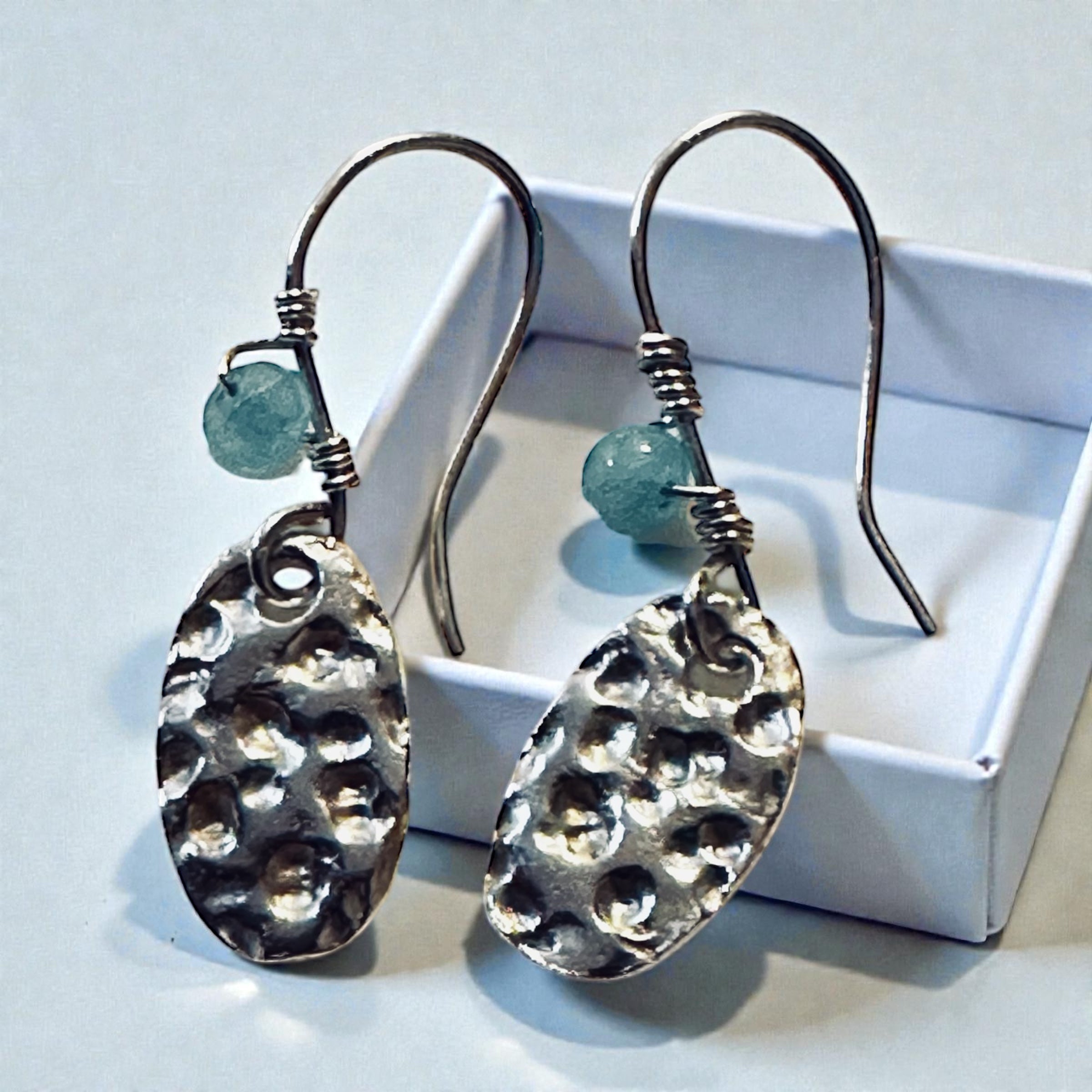 Artisan Hancrafted sustainable Bespoke recycled Sterling Silver textured with wire wrapped tiny Amazonite gemstones bead earrings Valentines day birthday anniversary Mother’s Day present