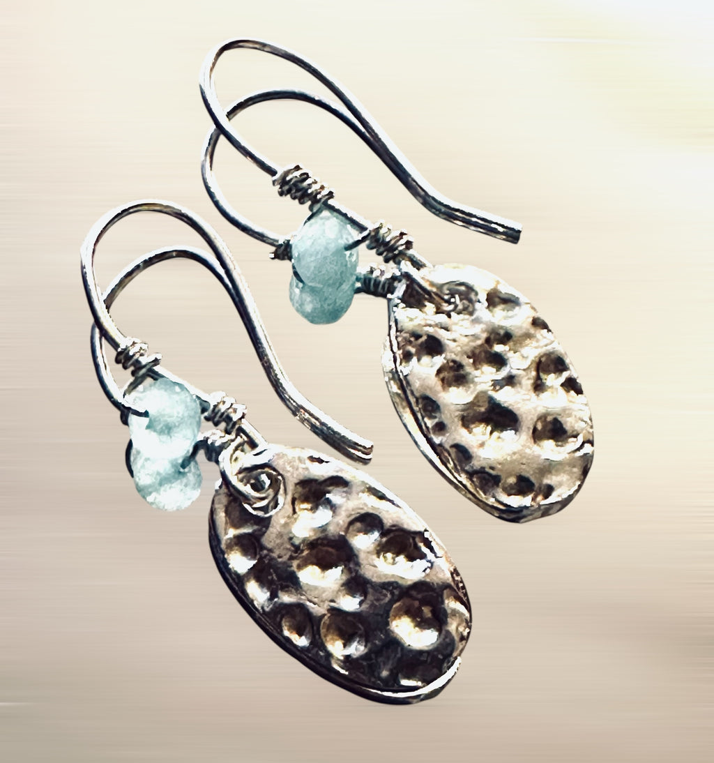 Artisan Hancrafted sustainable Bespoke recycled Sterling Silver textured with wire wrapped tiny Amazonite gemstones bead earrings Valentines day birthday anniversary Mother’s Day present