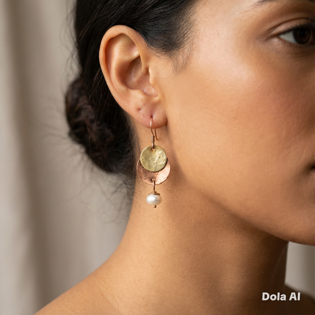 Artisan Hancrafted sustainable Bespoke recycled Copper, Brass and pearls disc dangle earrings Valentines birthdays anniversary Mother’s Daypresent