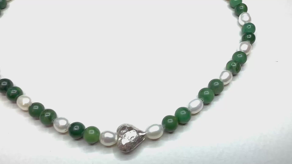 Artisan handcrafted Green Jade Gemstones, natural Pearls with a Sterling Silver Puffed Heart Necklace Valentines Birthday Mother’s Anniversary gift idea