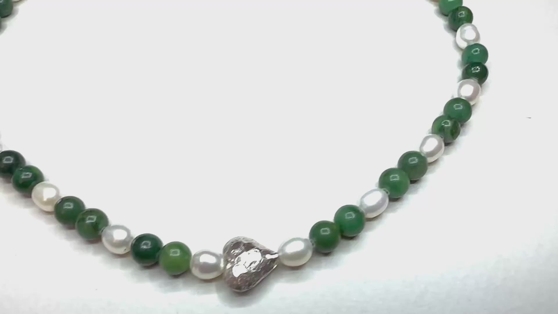 Artisan handcrafted Green Jade Gemstones, natural Pearls with a Sterling Silver Puffed Heart Necklace Valentines Birthday Mother’s Anniversary gift idea