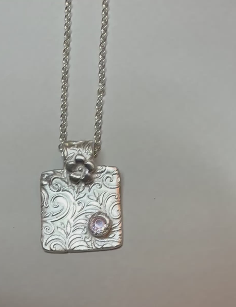 Artisan Handcrafted Unique Fine Silver Textured Pendant with Pink Cubic Zirconia Valentines Day, Birthday, Anniversary, Mothers Day gift idea